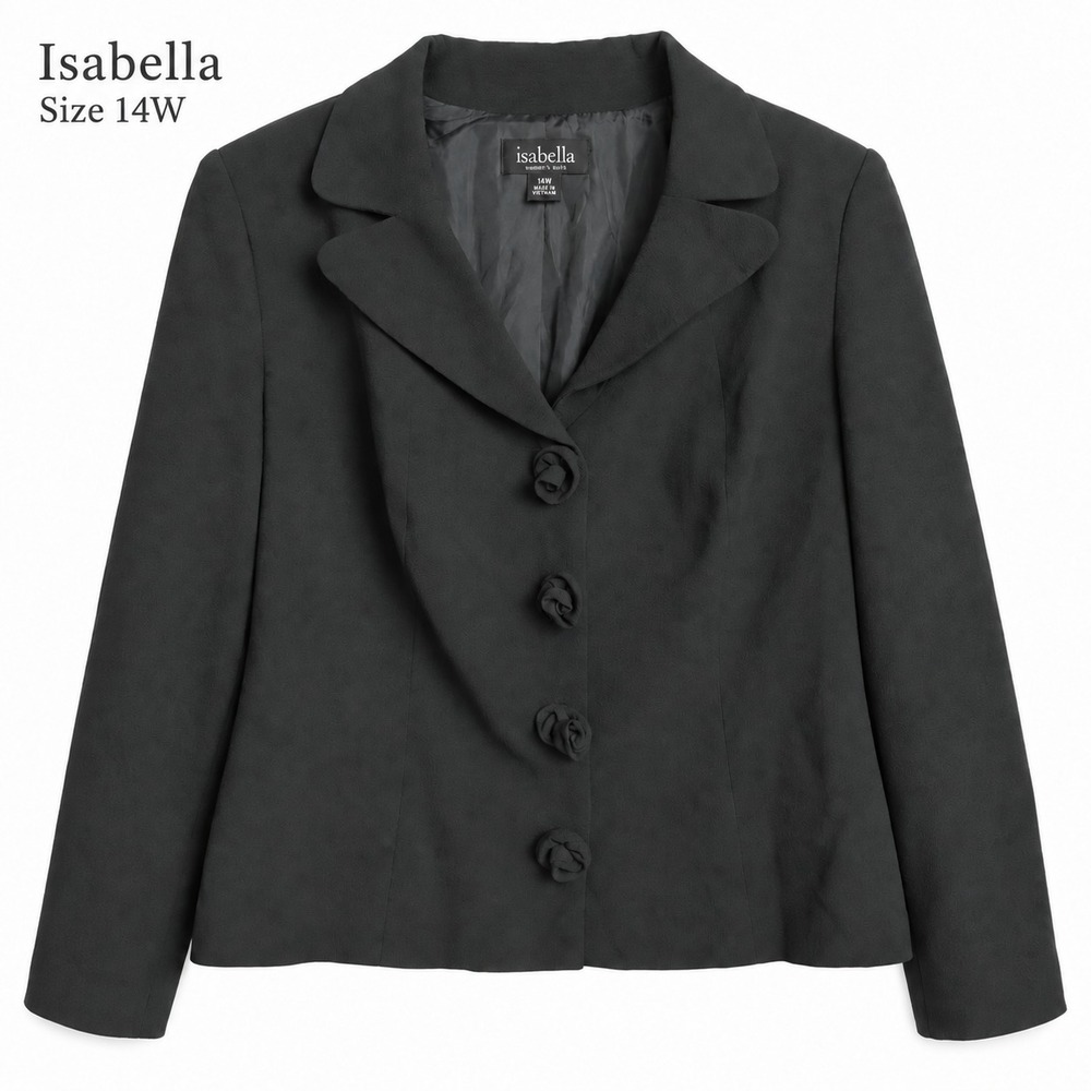 Isabella Women' Blazer 14W Black Lined Rosette Button Suit Jacket Career Plus Sz